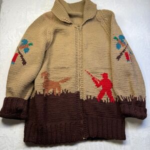VTG 50s 60s Cowichan Hand Knit Sweater Clark Zipper HUGE SIZE Hunting Scene Rare